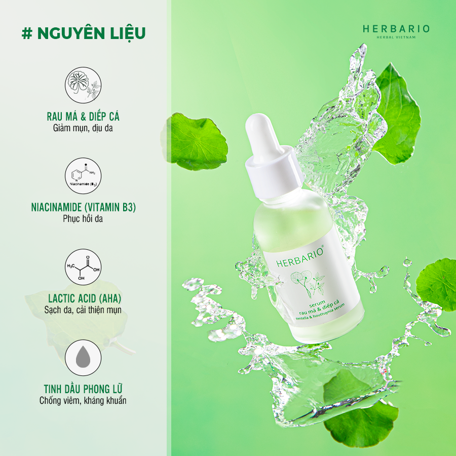 Bộ 5 Chăm Sóc Da Rau má và Diếp cá Herbario: Nước tẩy trang 300ml + Sữa rửa măt 200ml + Xịt khoáng 100ml +Mặt nạ 30ml+Tinh chất 30ml