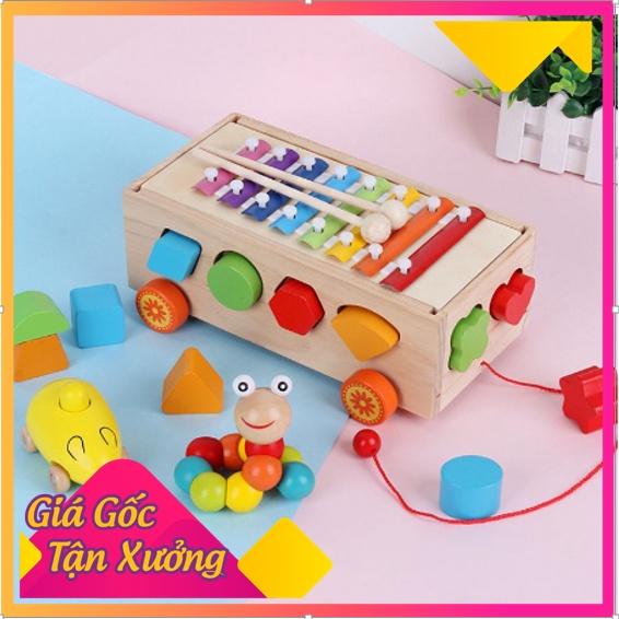 Xe kéo thả hình khối kết hợp đàn xylophone 8 thanh bằng gỗ - đồ chơi gỗ xe kéo giúp phất triển tư duy