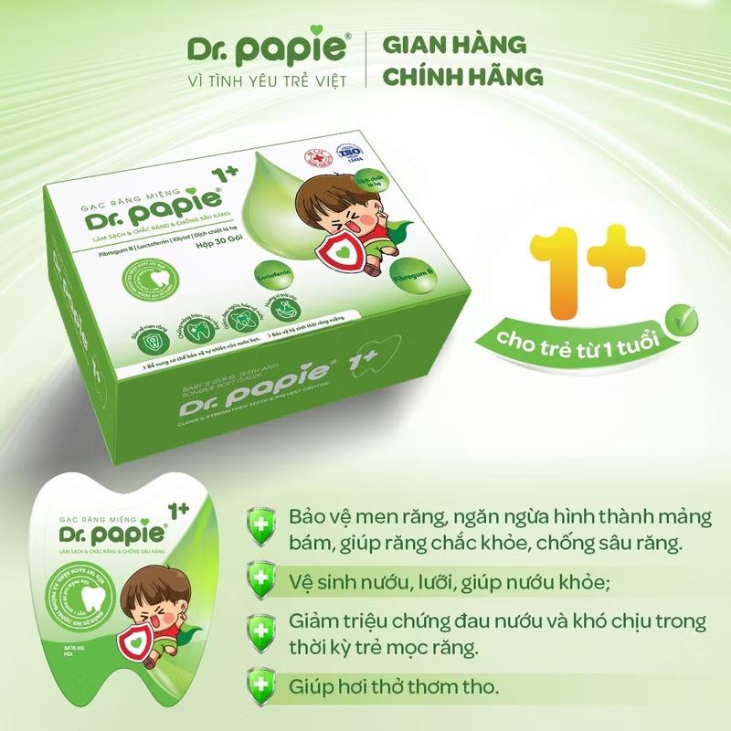 Hộp 30 Gạc Dr Papie 1+ cho bé trên 1 tuổi làm sạch nướu chống sâu răng - hàng chính hãng