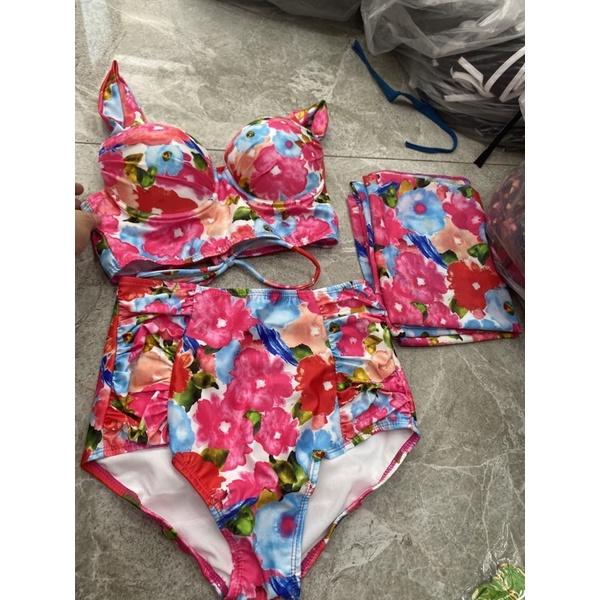 SET BIKIBI, ĐỒ BƠI ĐI BIỂN HOA HỒNG KÈM KHĂN MẪU MỚI SEXY ODERI BM-119