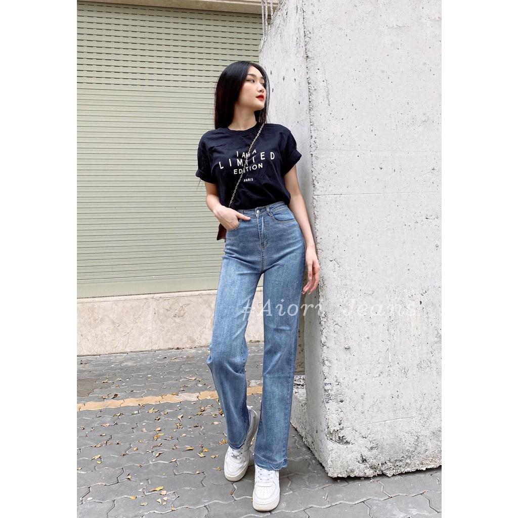 Quần Jeans Nữ AIORI Ống Suông Đứng Dáng dài chất bò jean cao cấp co giãn mềm mịn thời trang 4 mùa_Mã E001 - Xanh Nhạt