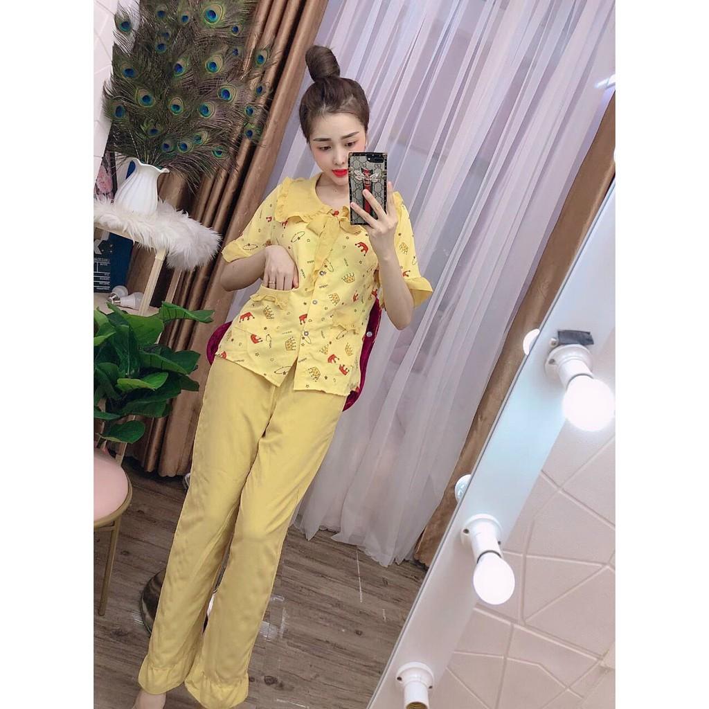 Bộ pijama đũi xốp tiểu thư cổ bèo, quần dài tay ngắn, 40 đến 59kg