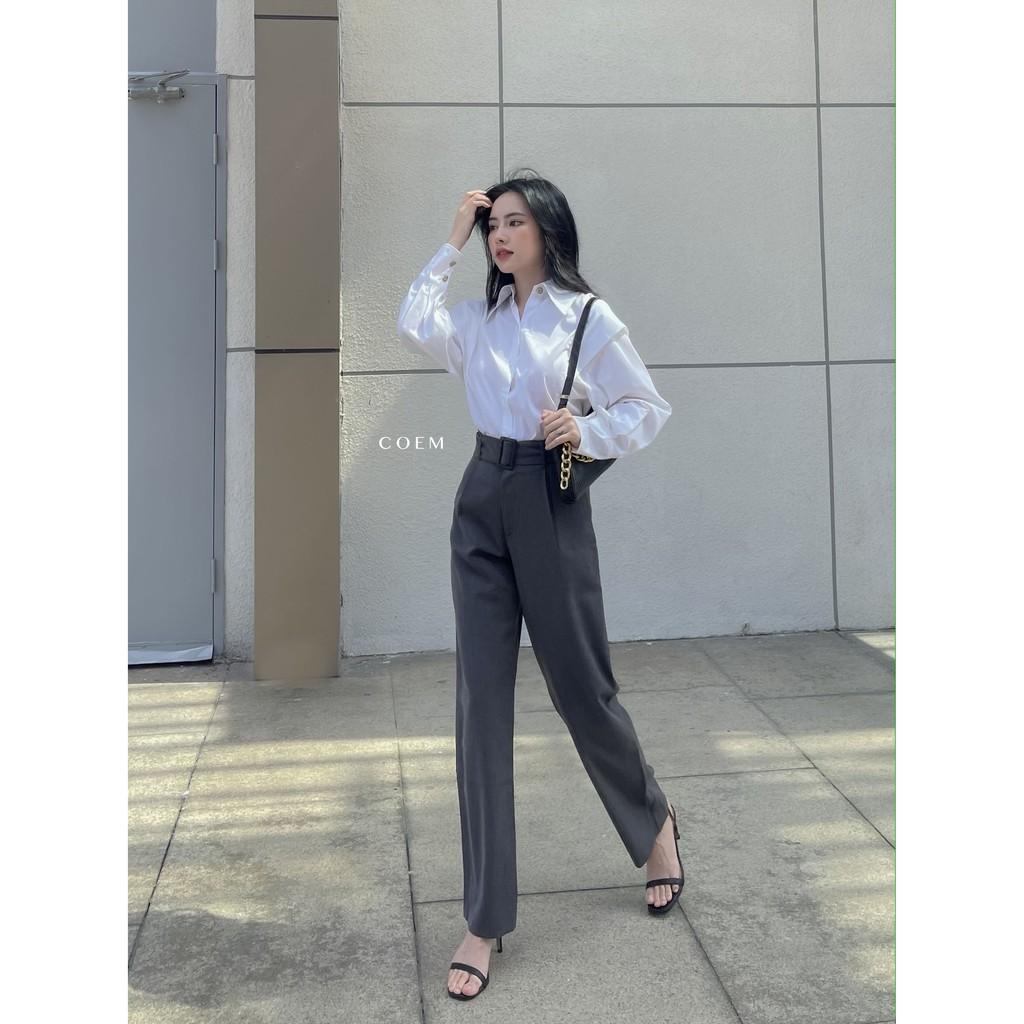 Quần Tây Nữ Ống Loe Cạp Cao Màu Xám Chất Liệu Kaki Mềm CO EM Thiết Kế Dáng Suông Phong Cách Công Sở Thời Thượng