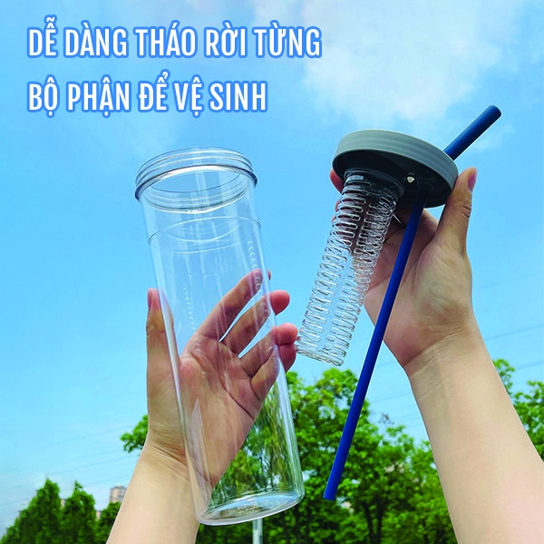 Bình Nước Có Ống Hút Trong Suốt Có Khay Lọc Trà Và Trái Cây, Bình Đựng Nước Detox Có Nắp Đậy Kèm Ống Hút Dung Tích 700ml