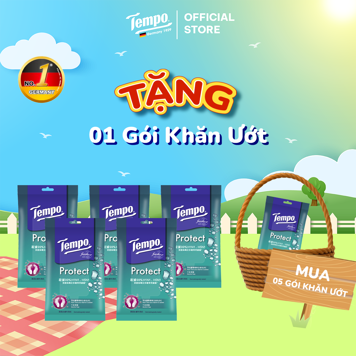 Mua 5 Gói Tặng 1 Gói Gói Khăn Giấy Ướt Diệt Khuẩn Tempo Protect Wet Wipes Gói 10 Tờ