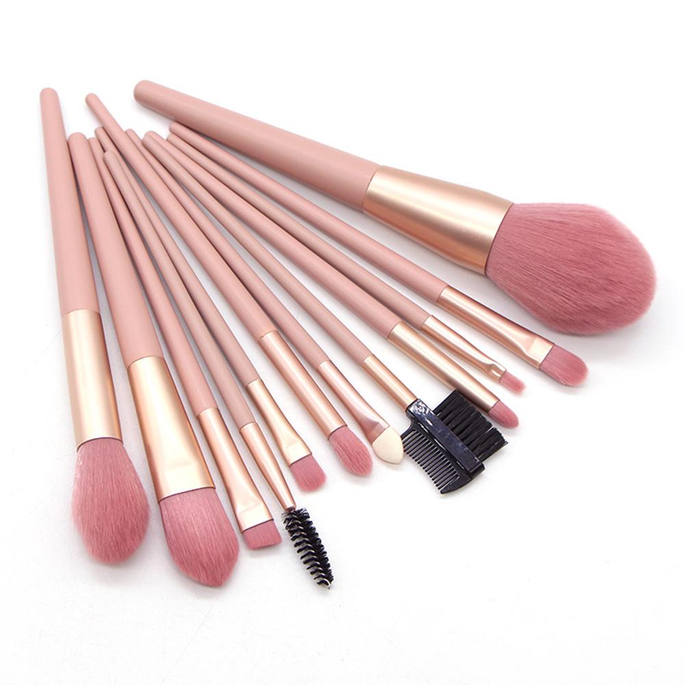 Bộ cọ trang điểm 12 cây với kích thước khác nhau kèm túi đựng bằng da PU màu hông xinh xắn