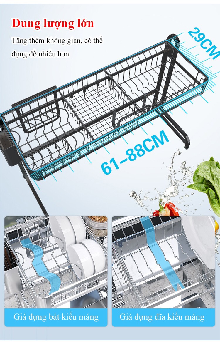 Kệ Để chén bát đĩa inox Cao Cấp sơn Tĩnh điện Đen phía trên Chậu rửa bát  - Dài 85cm