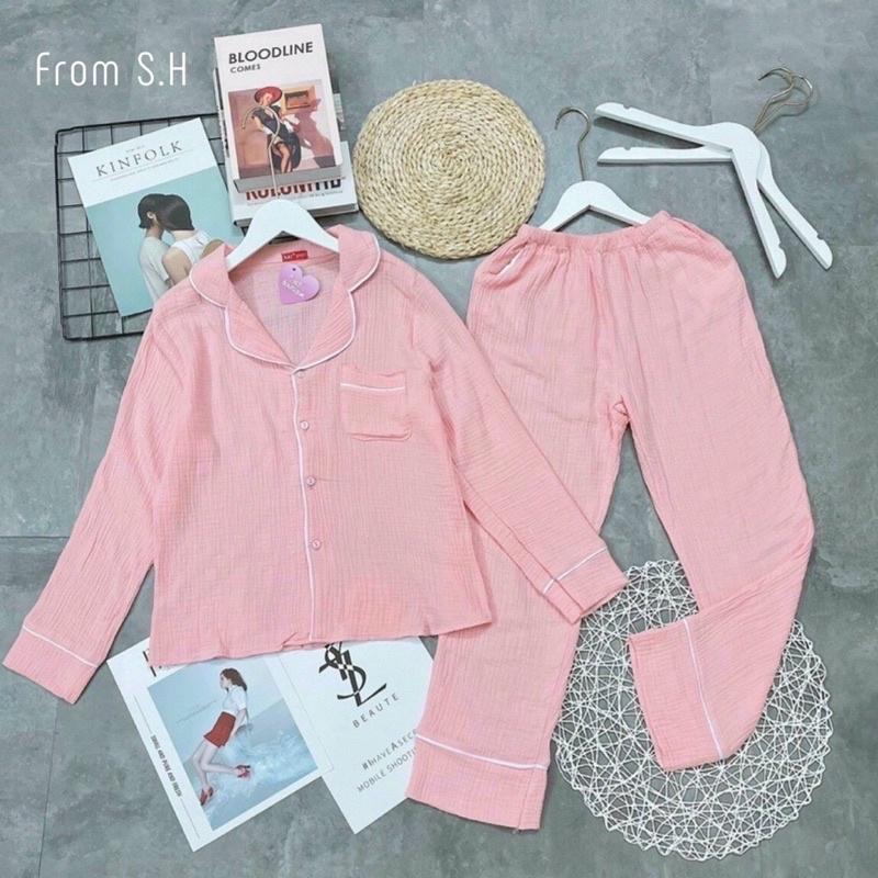 Bộ đồ ngủ nữ dài tay, bộ đồ pizama (bộ pijama) chất liệu xốp đũi Hàn mề