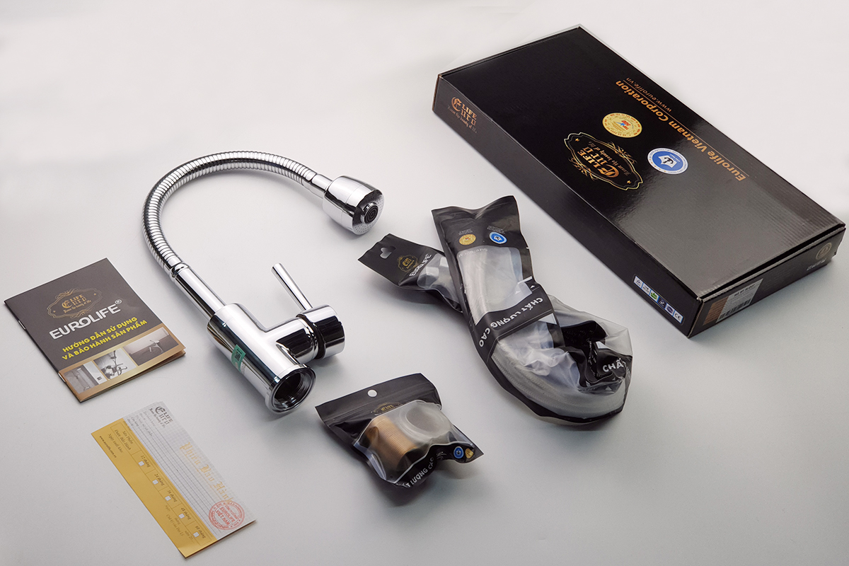 Vòi rửa chén nóng lạnh cần lò xo Đồng mạ Chrome Eurolife EL-KM03