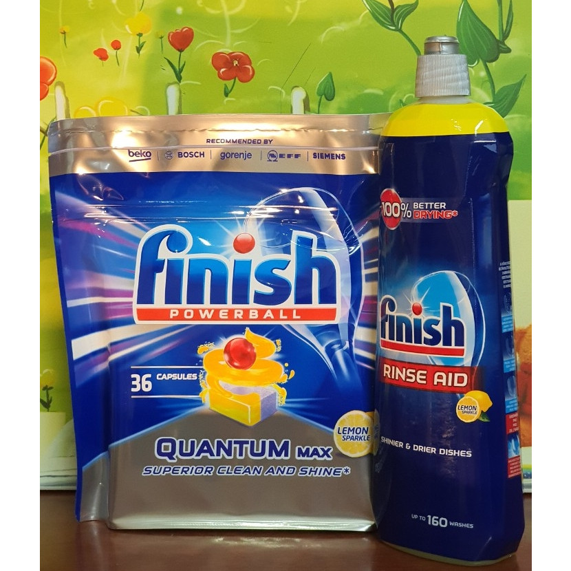 Combo nước làm bóng bát finish 800ml+viên rửa bát finish quantum max 36 viên dùng cho máy rửa bát