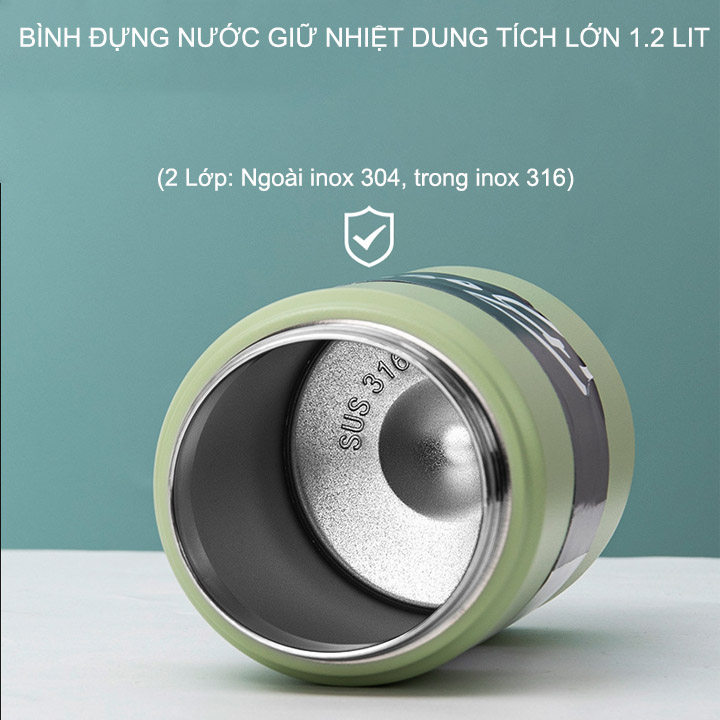 Bình đựng nước bằng inox 316, 2 lớp giữ nhiệt, dung tích 1.2 lít, có ống hút và quai xách