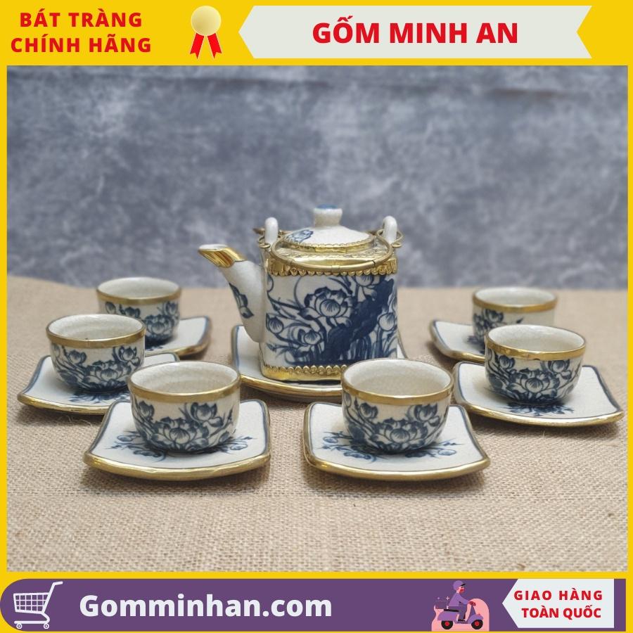 Bộ ấm trà giả cổ Gốm sứ Bát Tràng dáng ấm vuông bọc đồng vẽ hoa sen- Gốm Minh An- Ấm trà đẹp