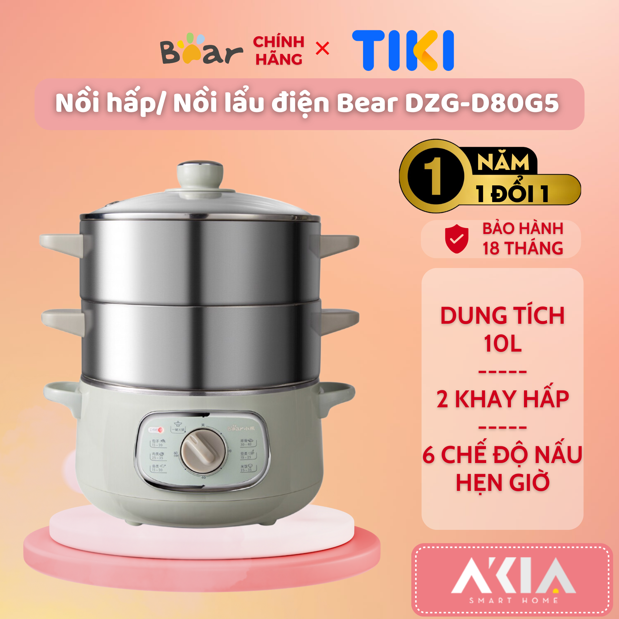 Nồi hấp / Nồi lẩu điện đa năng Bear DZG-D80G5, dung tích 10L, kèm 2 khay hấp, 6 chế độ nấu ăn, hẹn giờ 60 phút - HÀNG CHÍNH HÃNG