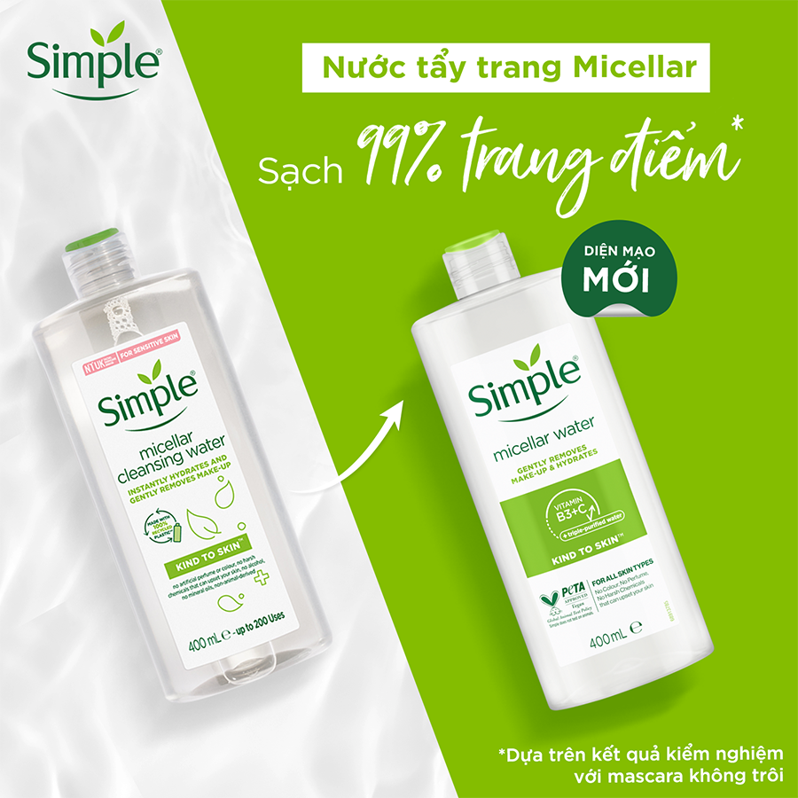 Combo 2 Nước tẩy trang Simple Micellar làm sạch 99% trang điểm, cho da thoáng mịn tức thì 400ml và 200ml