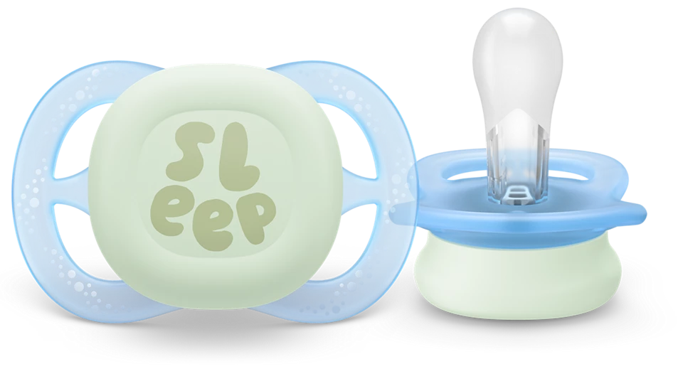 Núm Ti Ngậnh ban đêm Philips Avent Ultra Start, dành cho trẻ sơ sinh, phát sáng trong bóng tối, núm vú giả bằng silicon đối xứng, không chứa BPA, có hộp đựng/tiệt trùng Vỉ Đơn