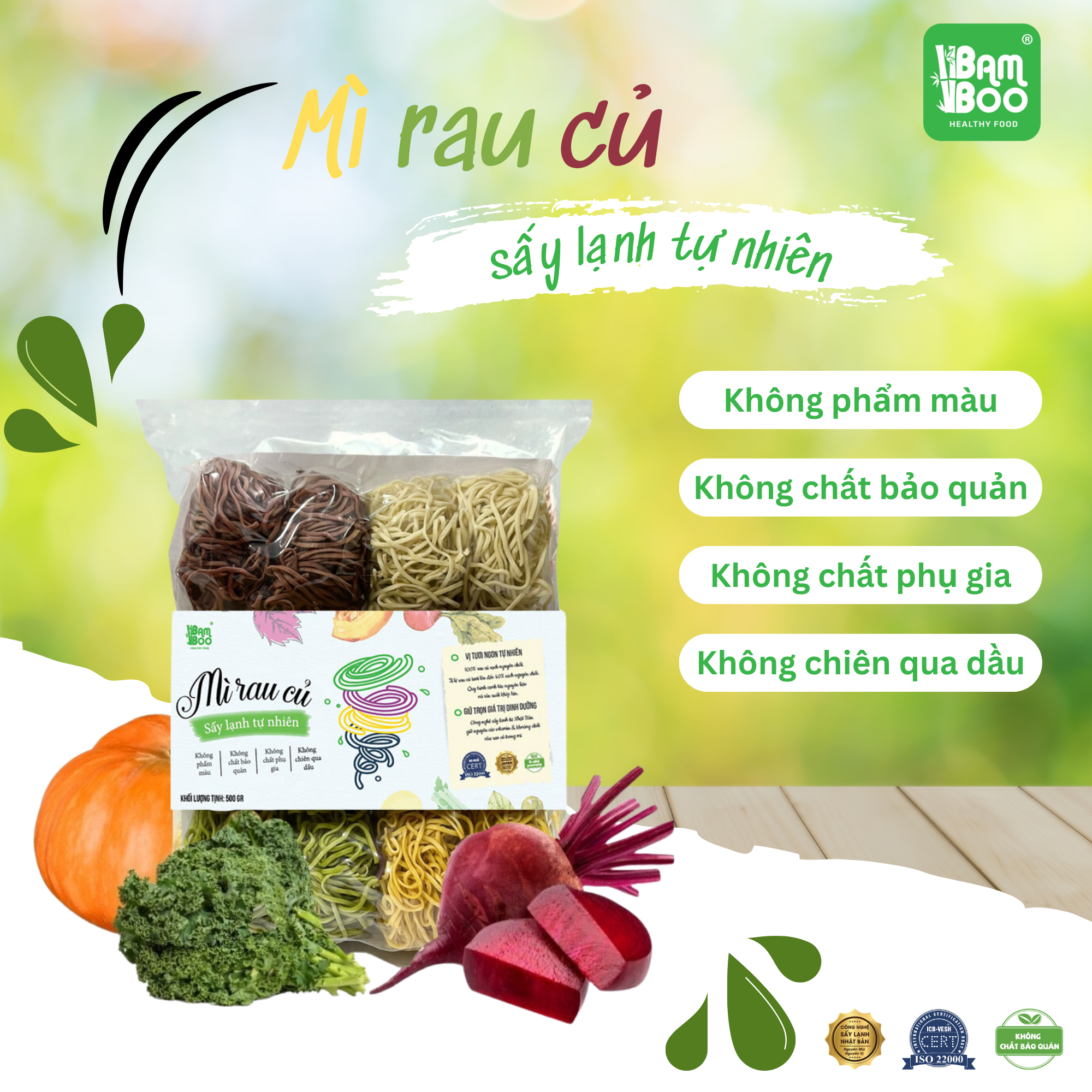 Mì rau củ Bamboo sấy lạnh tự nhiên 500g/ 12 vắt, mì hữu cơ không chiên qua dầu, ăn kiêng, eatclean