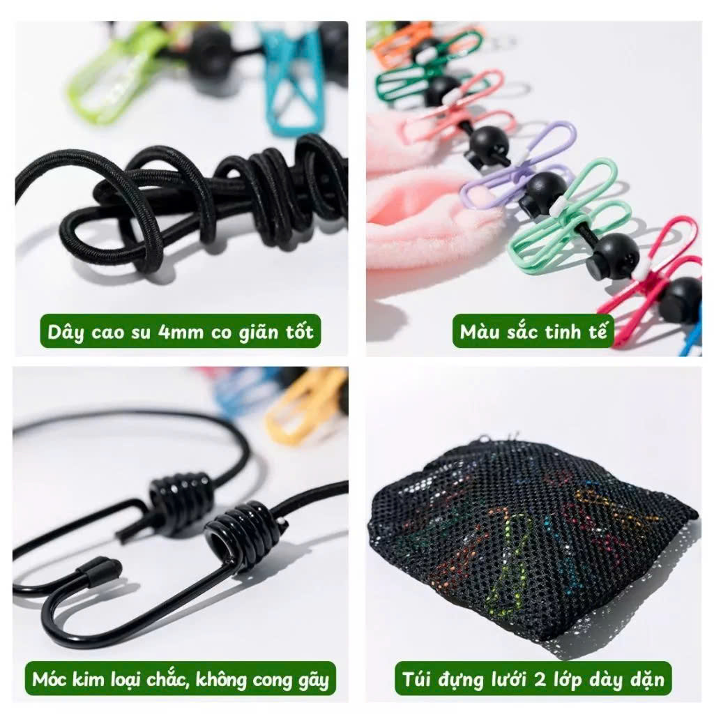 Dây Phơi Đồ Du Lịch Co Giãn 1.8m Kèm 12 Kẹp, Dây Phơi Quần Áo Du Lịch Gấp Gọn Treo Cắm Trại - HÀNG CHÍNH HÃNG MINIIN