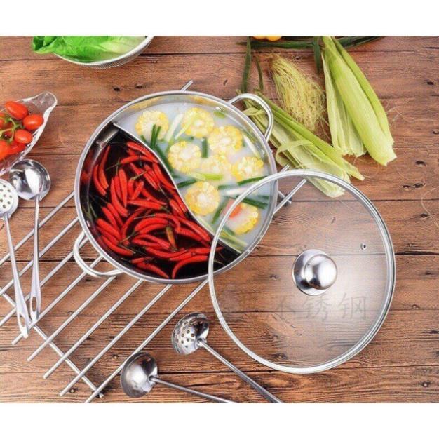 Nồi lẩu 2 ngăn 32cm, nấu được bếp từ nhé có nắp kính