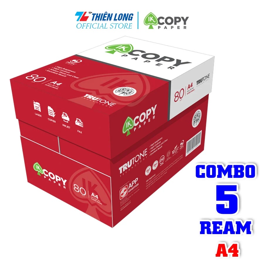 Combo 5 Ream giấy A4 80 gsm IK Copy - Hàng nhập khẩu Indonesia Hàng nguyên thùng chất lượng cao