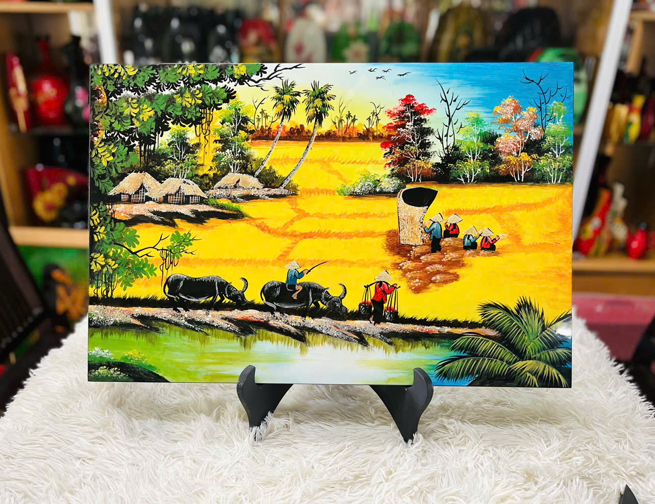 Tranh sơn mài đồng quê vẽ màu Thanh Bình Lê 40x60 cm