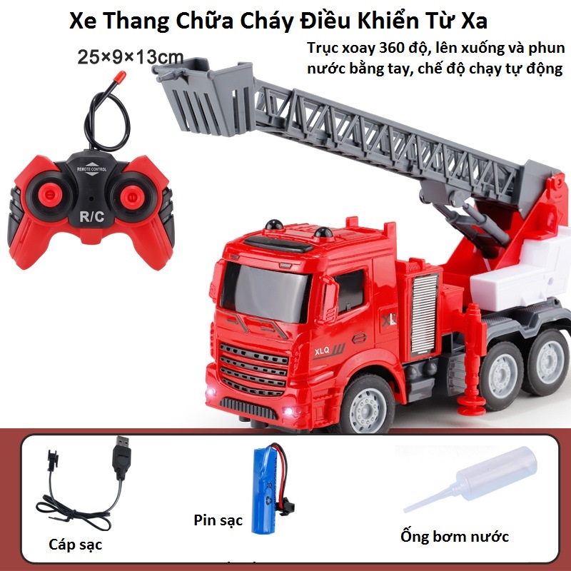 Xe cứu hoả điều khiển từ xa phun nước bằng tay, bộ đồ chơi xe cứu hoả điều khiển có pin sạc dành cho bé