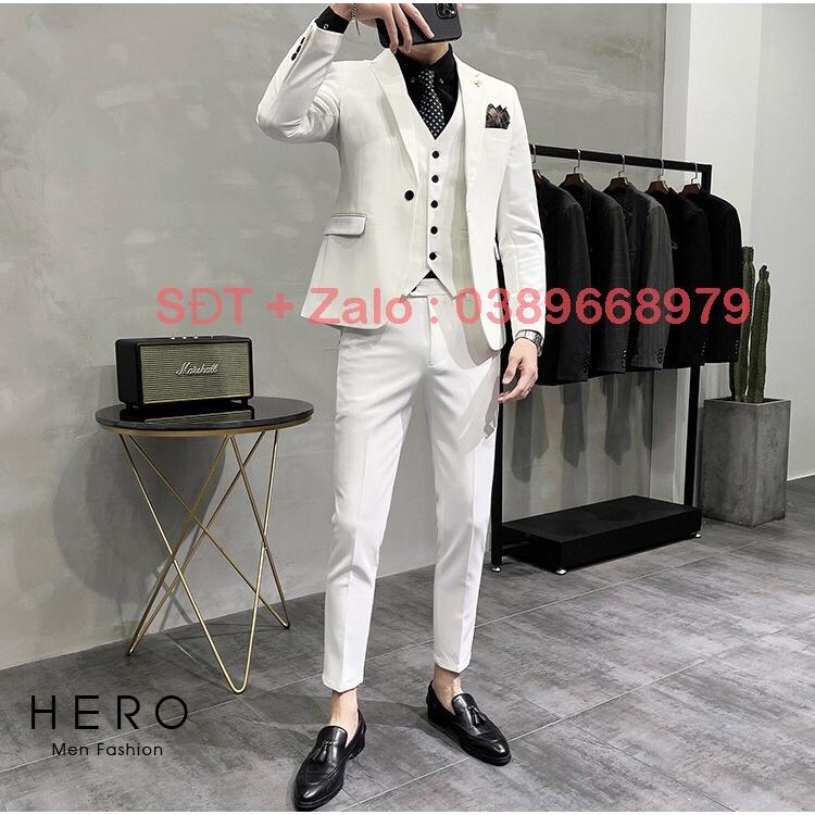 Bộ Vest Nam Cao Cấp Màu Trắng, Bộ suit nam Hàn Quốc màu trắng ( Vải Xịn 2 Lớp )