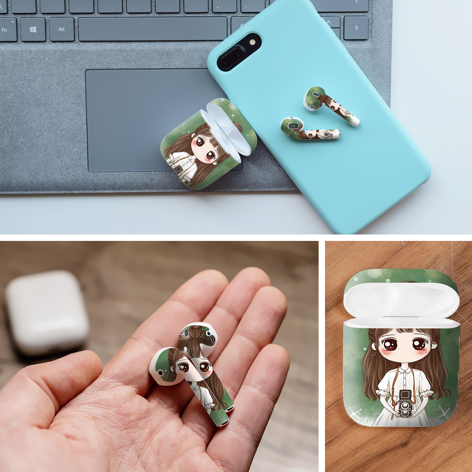 Miếng dán skin chống bẩn cho tai nghe AirPods in hình cô gái chibi - Chib037 (bản không dây 1 và 2)