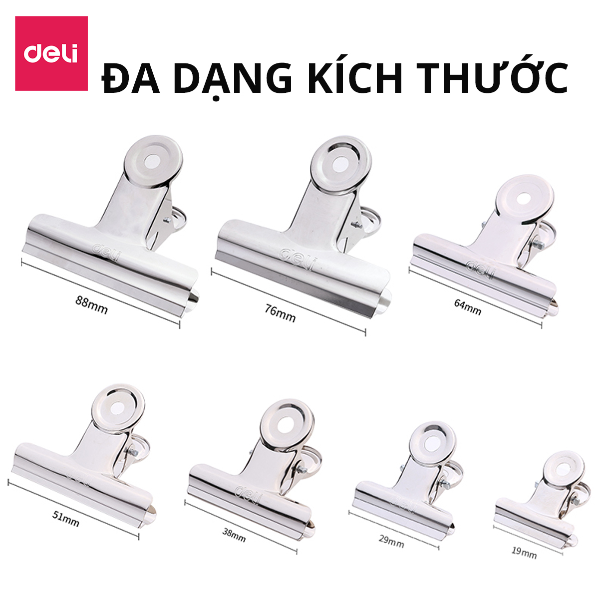 Set 6 chiếc kẹp bướm, Kẹp kim loại đuôi tròn Deli, Kẹp giấy tài liệu văn phòng 19mm 29mm 38mm 51mm