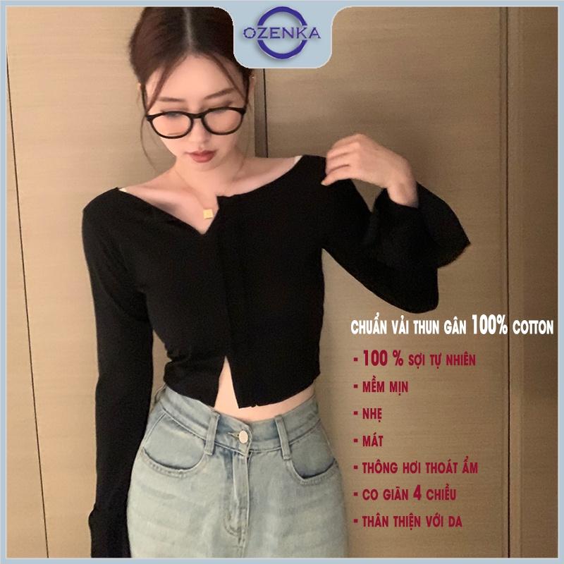 Áo croptop tay dài nữ sẻ gấu kiểu cổ rộng ozenka , áo crt thu đông thun cotton 100% màu đen trắng size dưới 55 kg