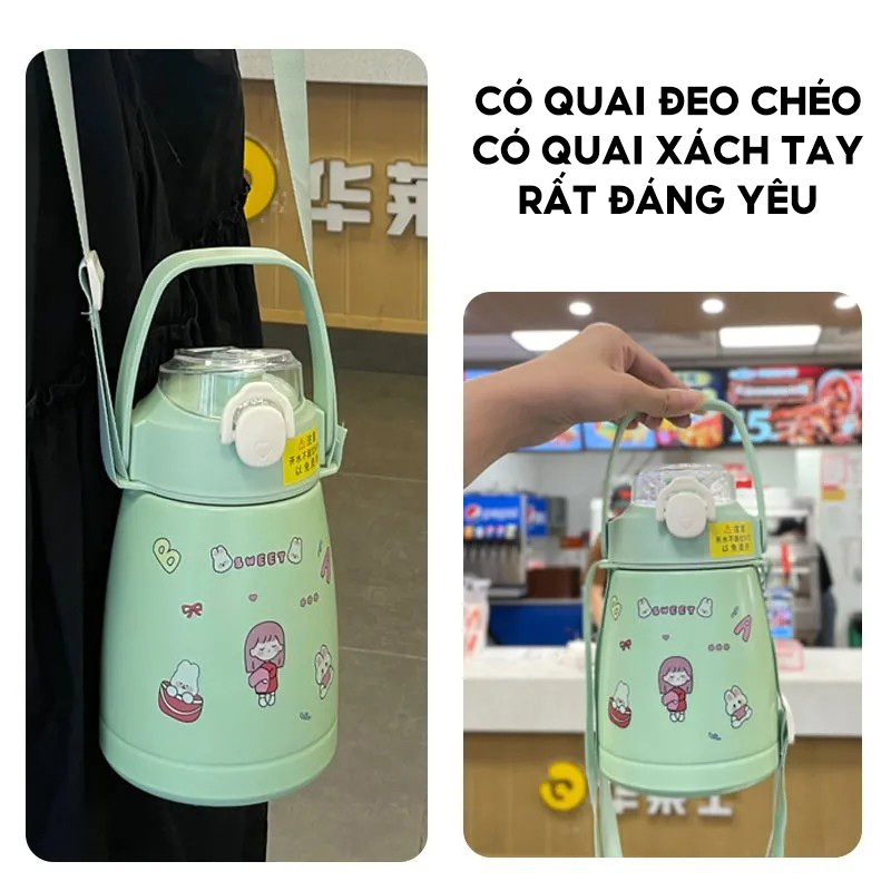 Bình Giữ Nhiệt Uống Nước Nóng Lạnh Lõi Inox304 Dung Tích 1000ml Màu Pastel Có Tặng Kèm Set Hình Dán 3D Đáng Yêu