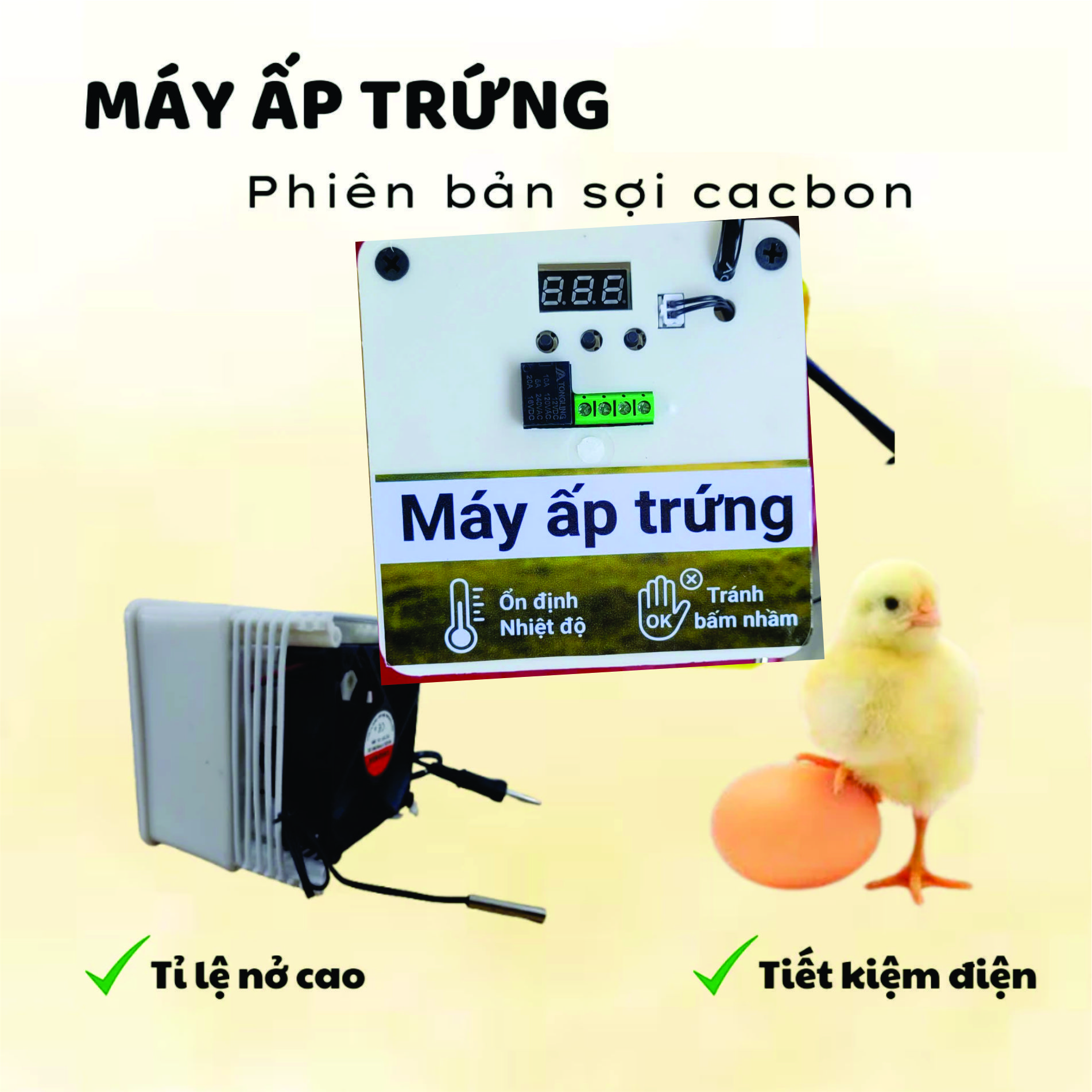 Bộ máy ấp trứng cacbon tích hợp đèn led chiếu sáng bên trong cho gà vịt ngan ngỗng hàng nhập khẩu