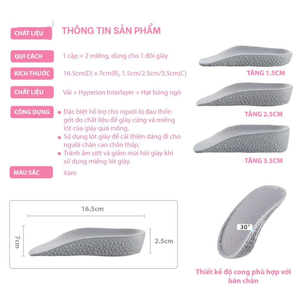 Lót Giày Tăng Chiều Cao Cấu Trúc Vòm Nâng Đỡ Lòng Bàn Chân Tăng  3.5CM, Thấm Hút Mồ Hôi Siêu Tốt