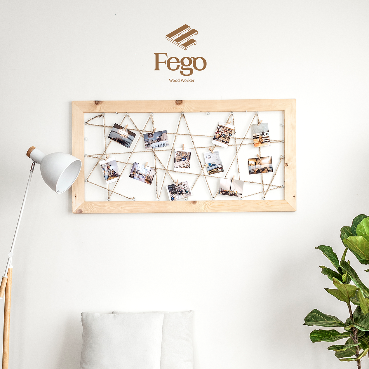 Khung ảnh treo tường dạng lưới bằng gỗ thông Fego/ Giá treo ảnh tặng kèm kẹp gỗ Decor trang trí nhà cửa