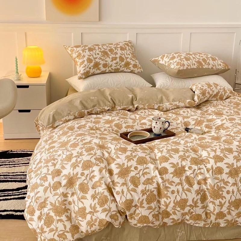 Bộ Chăn Ga Gối Cotton living 100%cotton Hàng Nhập Khẩu Cao Cấp 4 Món Hoa Hồng Vintage