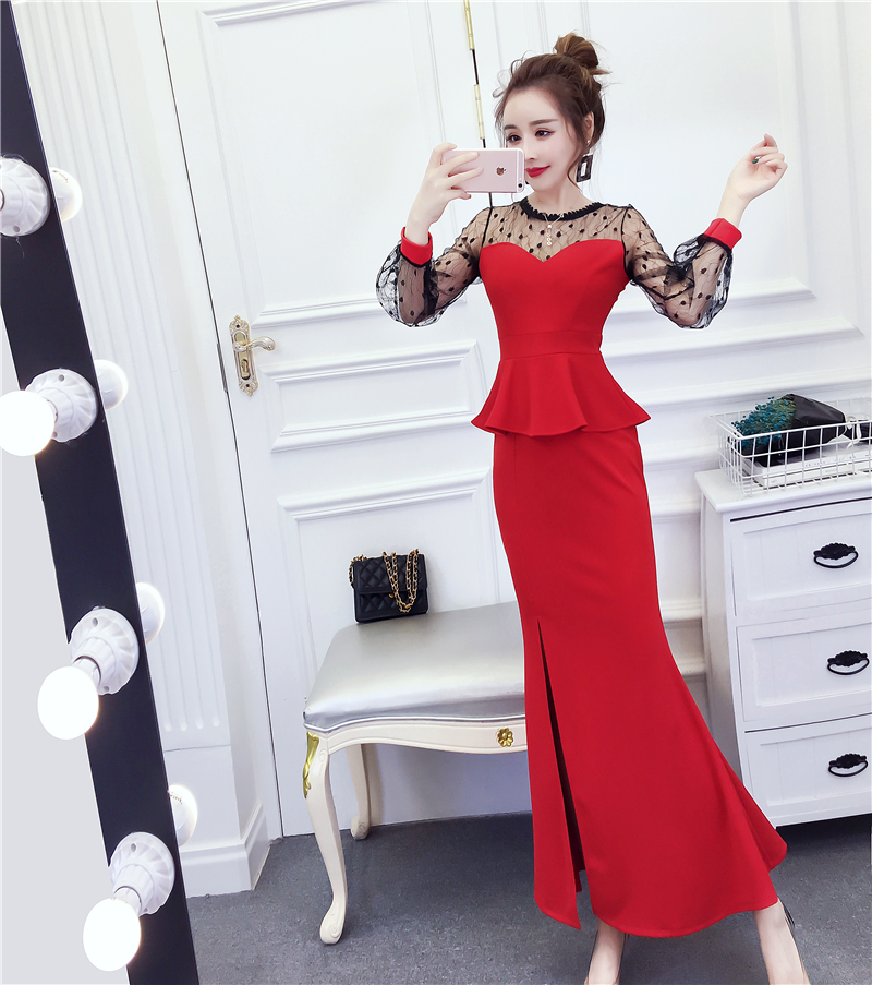 Đầm dạ hội body peplum phối lưới bi cao cấp - D86277