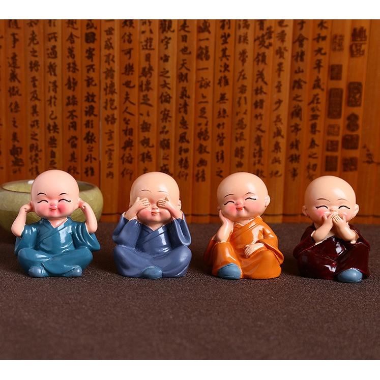 Bộ Tượng Chú Tiểu Hòa Thượng Tứ Không - Phật Phong Thủy Mini 4 Tư Thế, Trang Trí Xe Hơi, Để Bàn Làm Việc