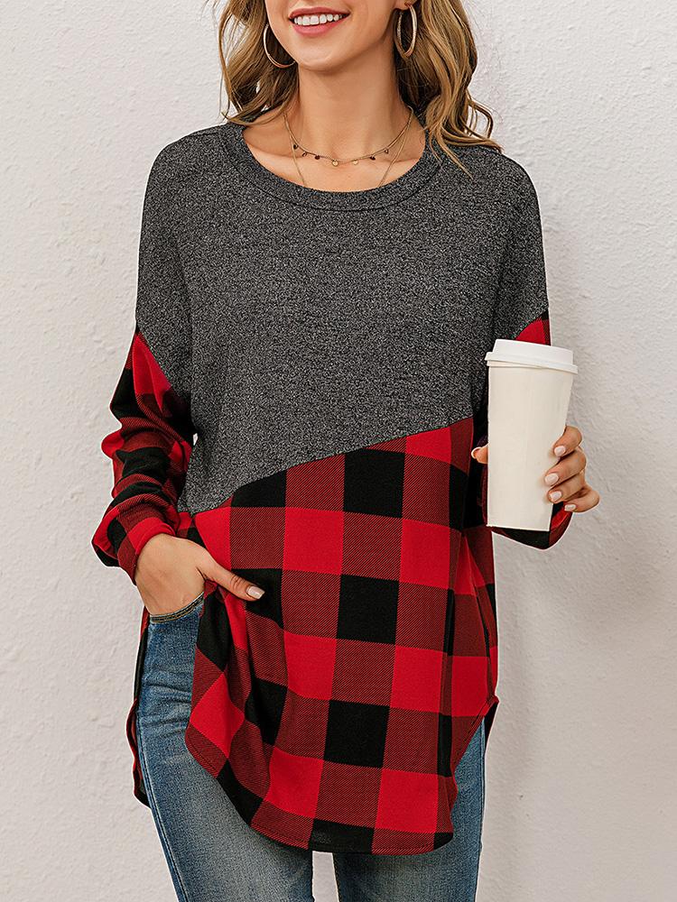 Fashion Women Sweatshirt Plaid Splicing O-Neck Long Sleeve Pullover Rounded Hem Loose Fit Casual Tunic Tops