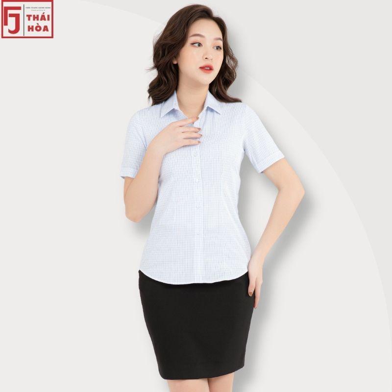 Sơ mi nữ Thái Hoà công sở đẹp kẻ caro cotton màu xanh nhạt A092-03-01