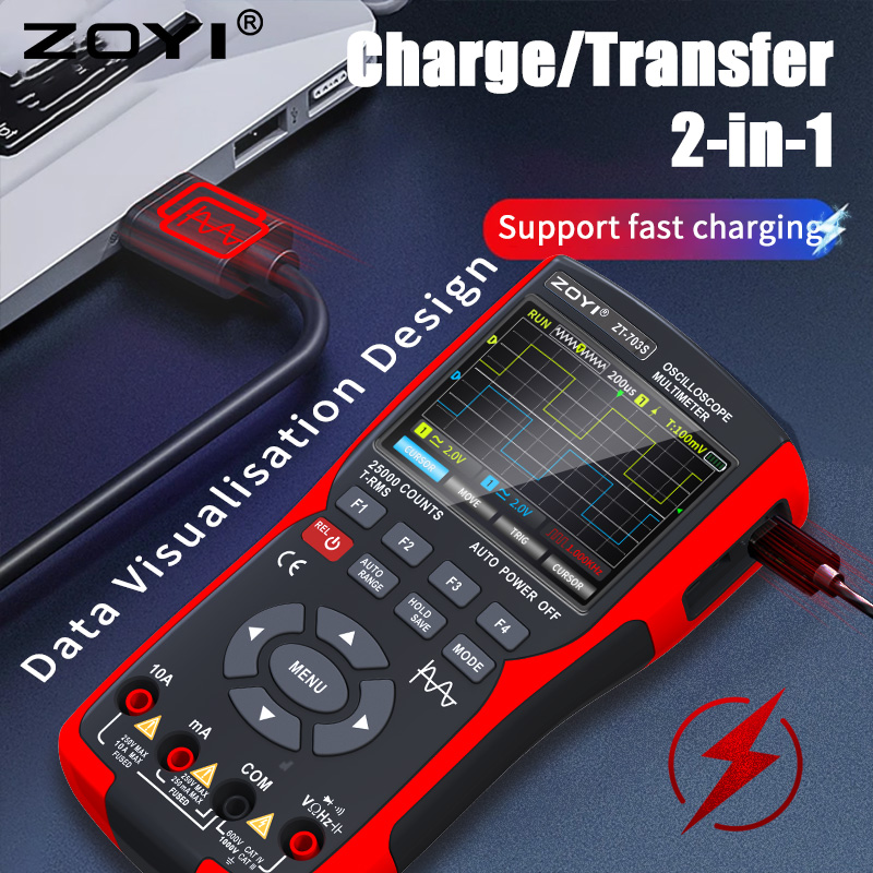 Đồng hồ đo điện vạn năng kỹ thuật số Zoyi ZT-703S 3 trong 1, tích hợp đo sóng hai kênh 50 mhz, lưu trữ dữ liệu dạng sóng, máy phát tín hiệu dao động kép, băng thông 280ms, tốc độ pc - Hàng Chính Hãng