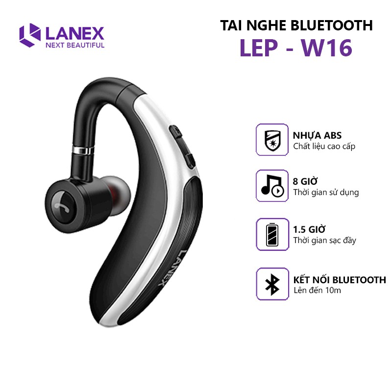 Tai Nghe Bluetooth 1 Bên LANEX LEP - W16 V5.0 Có Hỗ Trợ  Mic - Tương Thích Nhiều Thiết Bị - Kiểu Dáng Nam Tính - Hàng Nhập Khẩu