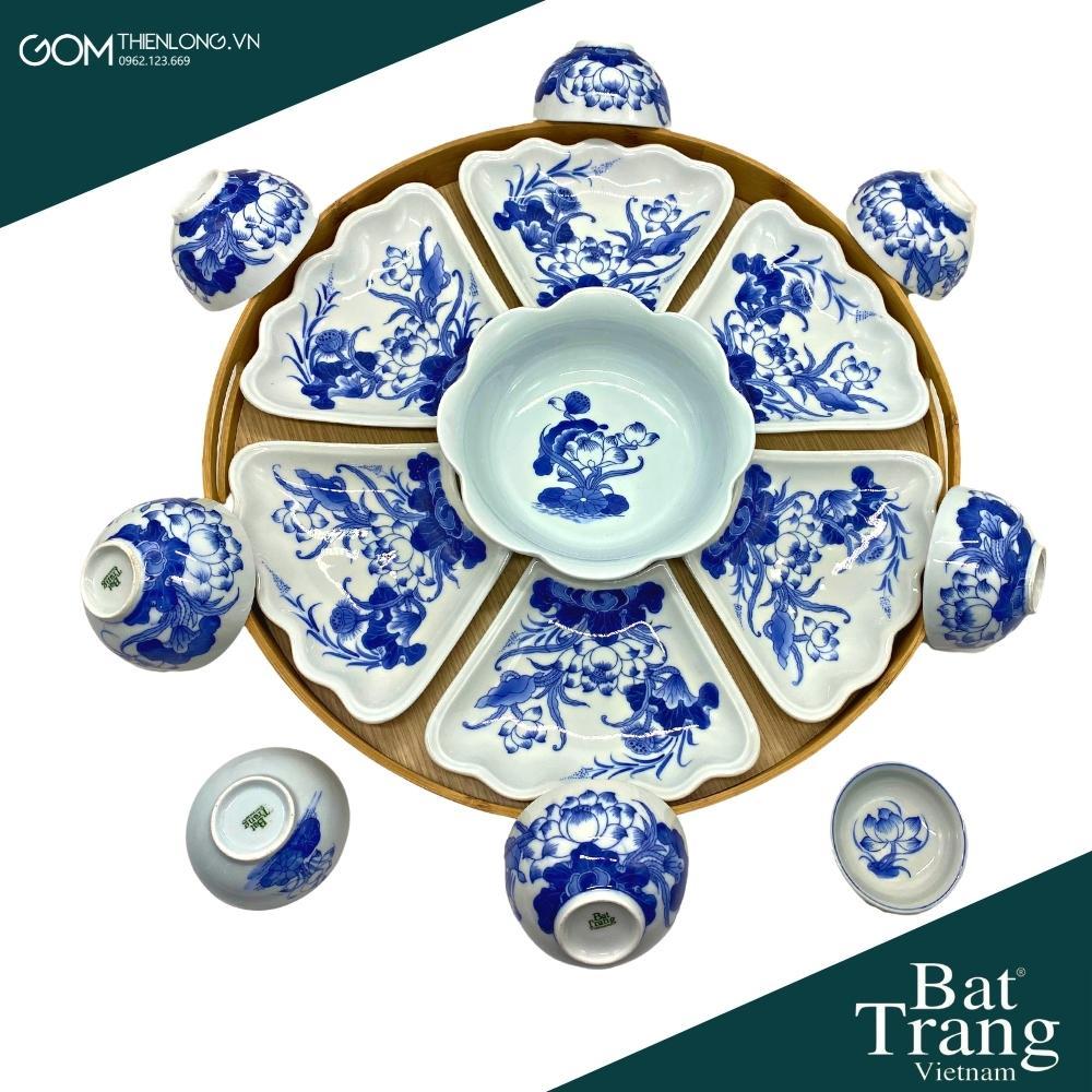 Bộ Bát Đĩa Thắp Hương Men Lam Ngọc Vẽ Sen - Đồ Thờ Cúng Bát Tràng - Gốm Thiên Long