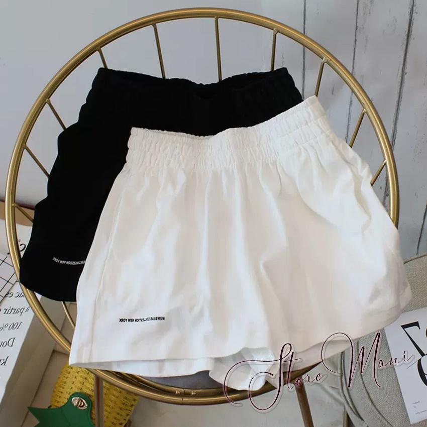 Quần short nữ kiểu quần đùi đũi cạp cao lưng thun chun thêu chữ màu đen trắng kem ống rộng mặc đi biểm ở nhà đi ngủ đẹp