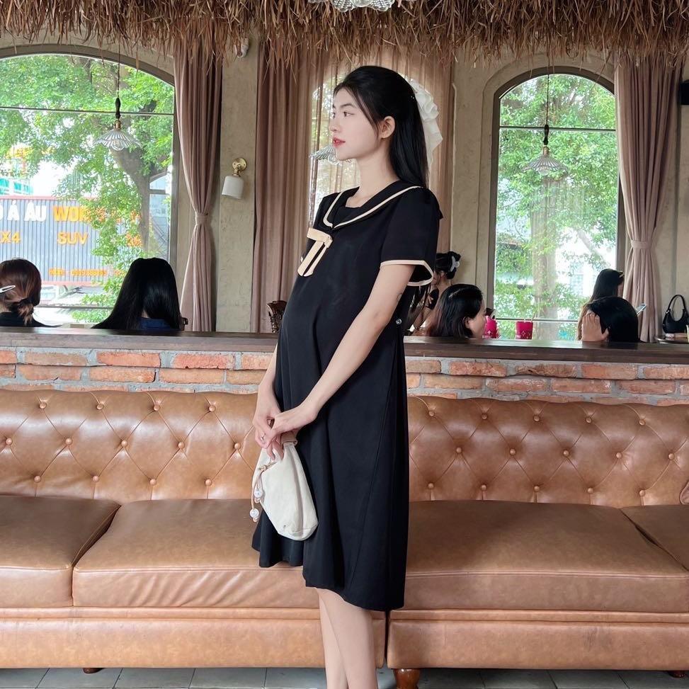 Đầm bầu cotton lạnh cổ sen đính nơ viền cách điệu dễ thương - Đen