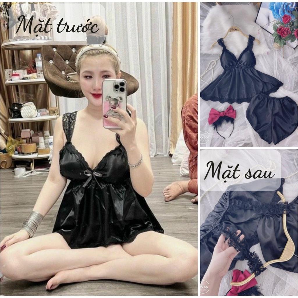 Đồ ngủ sexy nữ, đồ ngủ 2 dây có mút ngực màu đen