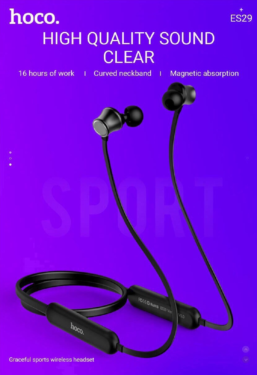 Tai nghe Bluetooth v5.0 đeo cổ HOCO ES29 kiểu dáng thể thao Pin trâu 16 Tiếng - chống ồn tốt - Âm thanh cực hay - Hàng chính hãng
