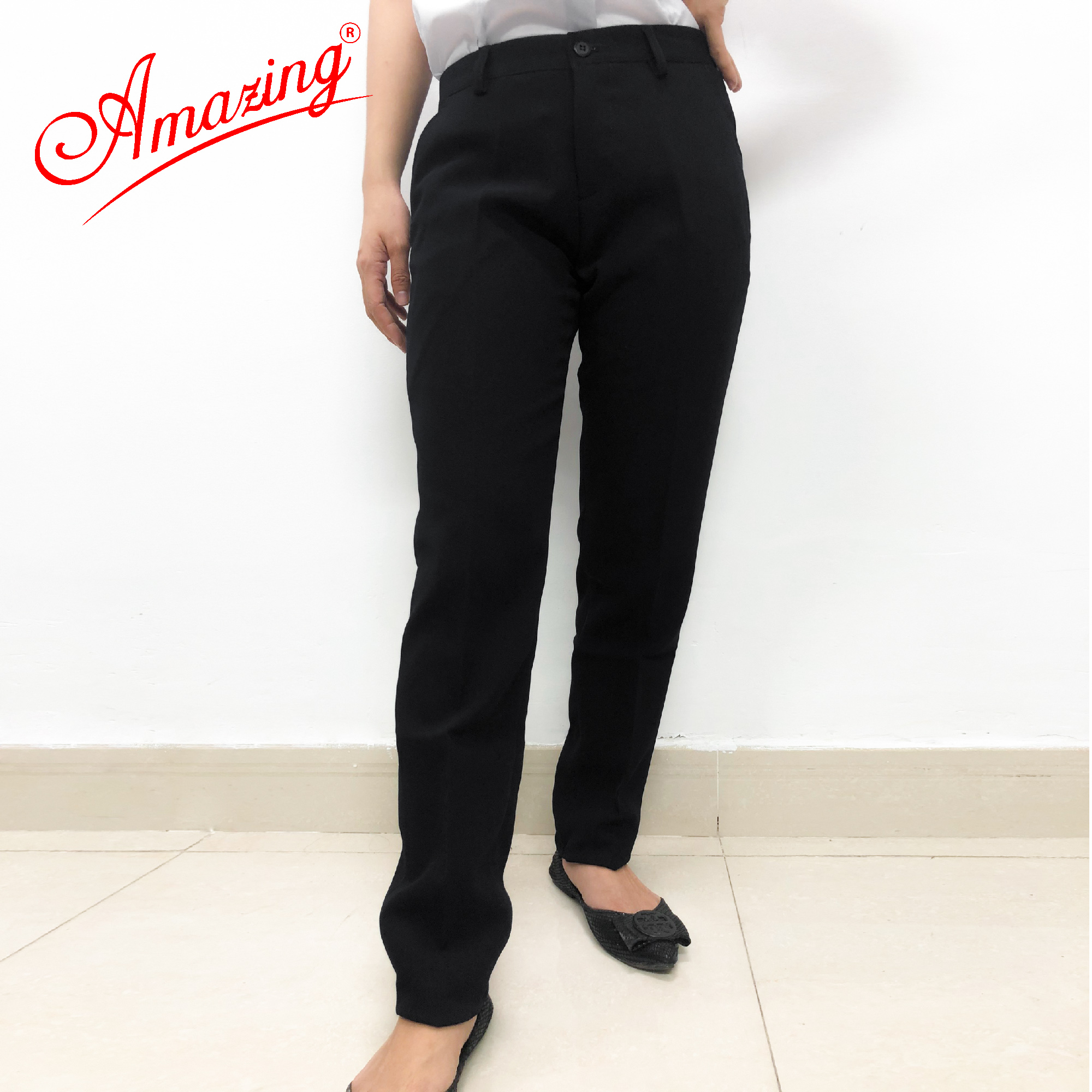 Quần tây nữ màu xanh đen Amazing lưng vừa, 1 nút, dáng suông, ống đứng, chất liệu tuyết mưa dày, mềm, không nhăn