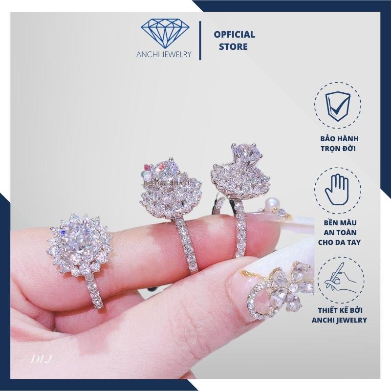 Nhẫn bạc nữ xi bạch kim đính trụ đá cao sang chảnh, trang sức Anchi jewelry