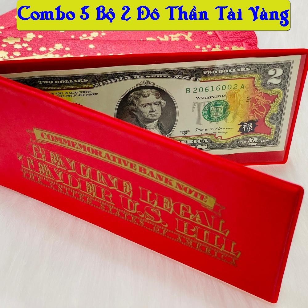 [COMBO 5] Bộ Tiền 2 USD Mạ Vàng Thần Tài làm quà tặng chiêu tài hút lộc siêu chuộng - bao da đỏ may mắn