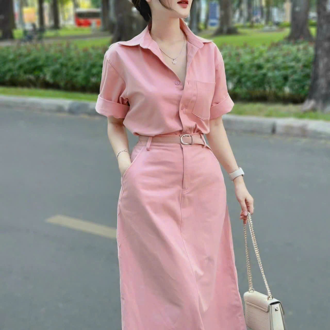 Set 3 món công sở áo sơ mi đai thắt và chân váy vải kaki sang trọng