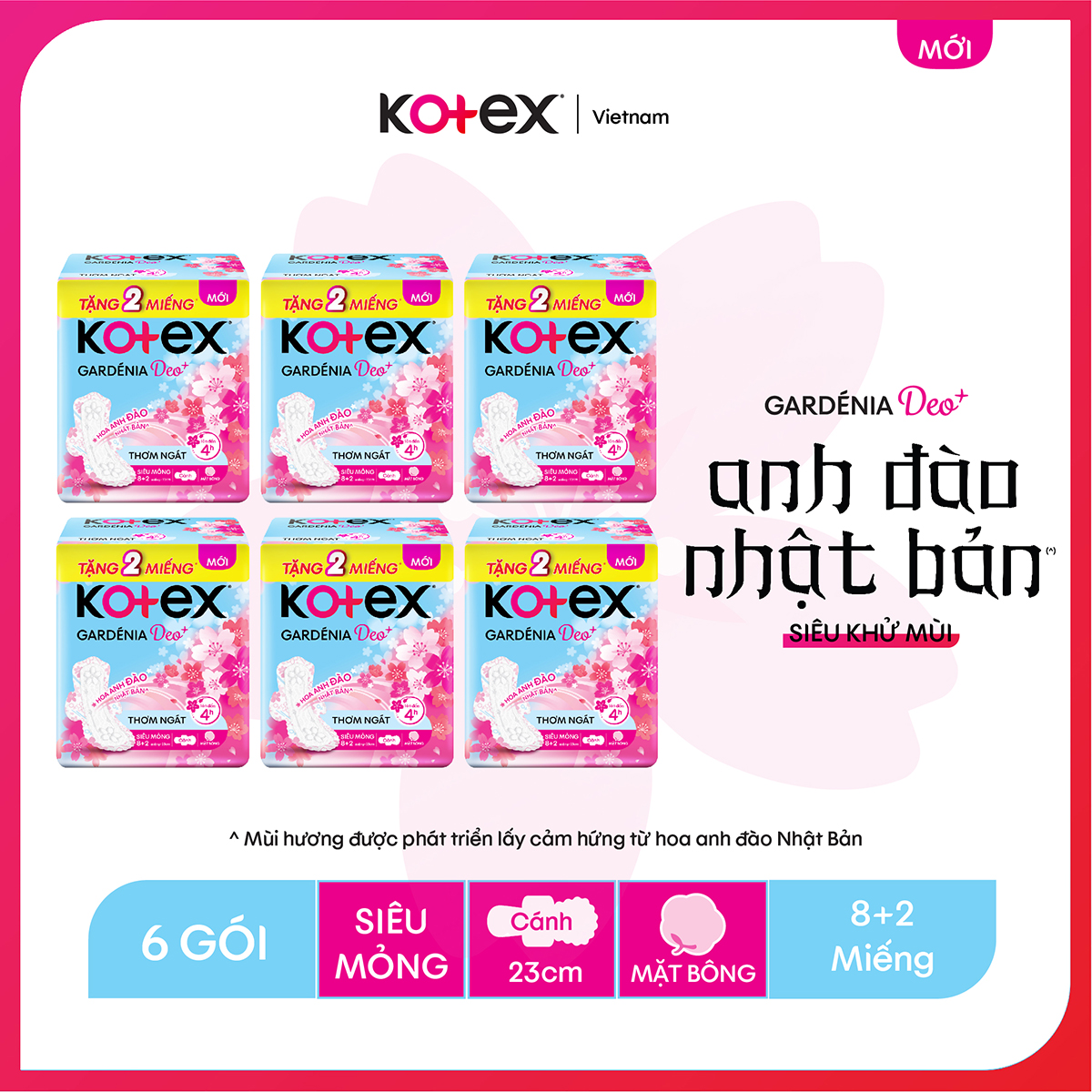 [Mới] Combo 6 Gói BVS Kotex Gardenia Deo+ Hương Hoa Anh Đào, Mặt Bông, Siêu Mỏng Cánh, Gói (8+2) Miếng